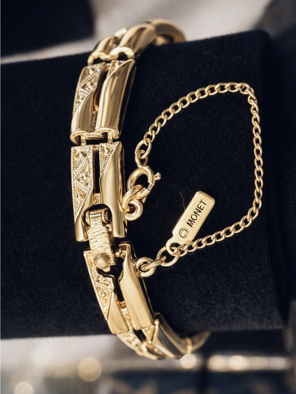 Vintage MONET Textured Gold Bracelet — 1960s Classic with Etched Accents
